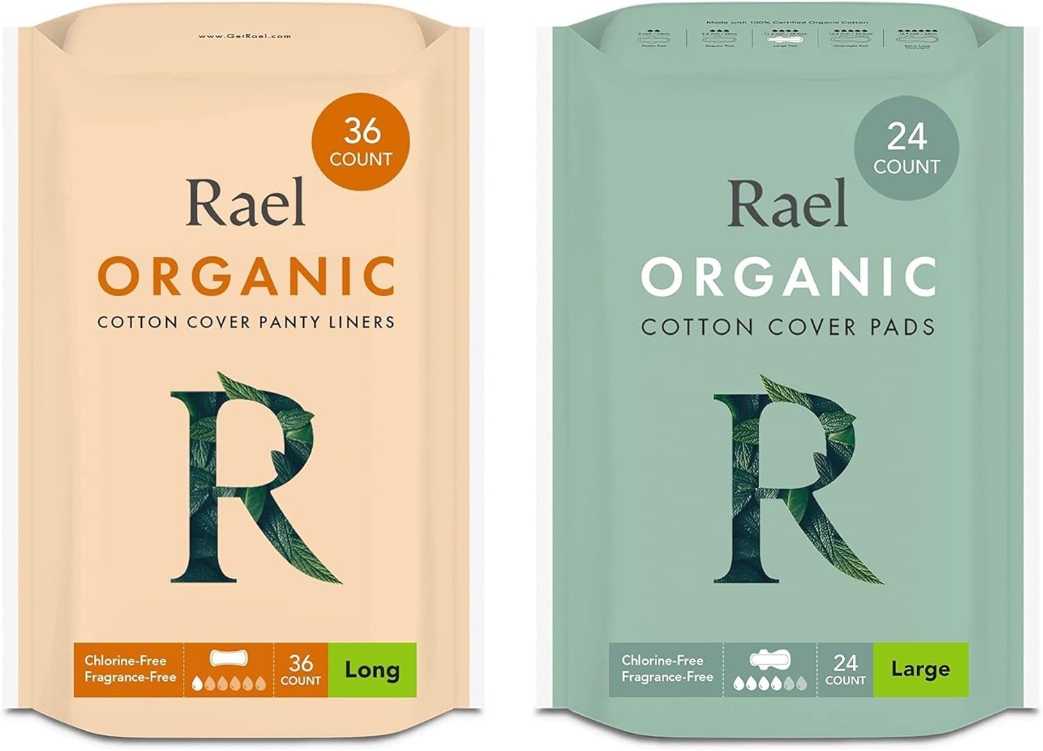 Rael Period Bundle - Organic Cotton Cover Long Liner (36 Count) & Organic Cotton Cover Large Pads (24 Count)