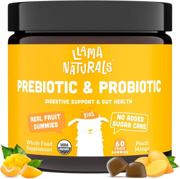 Llama Naturals Real Fruit Prebiotic & Probiotic Kids Gummies, No Added Sugar Cane, Vegan Organic Synbiotics, Children Digestion, Toddler Tummy Aches, Gut Health, 2B CFU, 60 ct (30 Days) Peach Mango