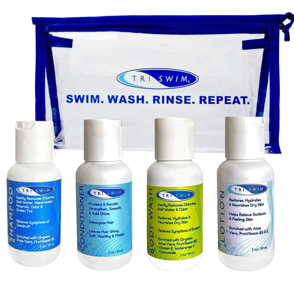 Triswim Shot Set Travel Set In Cosmetic Bag With Shampoo, Body Wash, Lotion, And Conditioner For Hydrated Skin And Healthy Hair