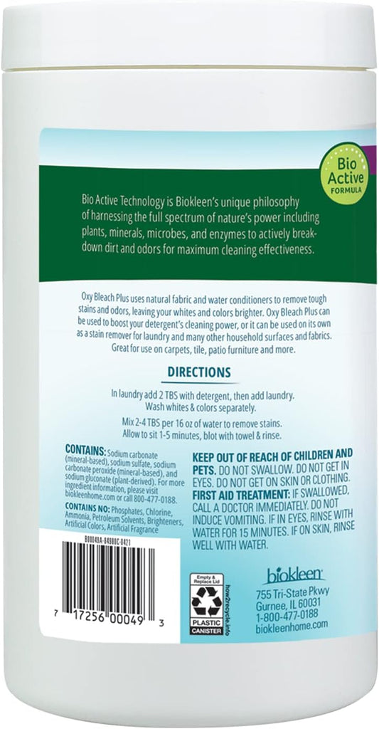 Biokleen Laundry Oxygen Bleach Plus 32 HE Loads - Concentrated Stain Remover, Whitens & Brightens, Eco-Friendly, Plant-Based, No Artificial Fragrance or Preservatives, 2 Pounds, 32 Fl Oz