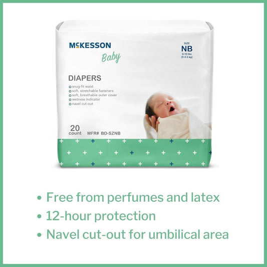 McKesson Baby Diapers for Newborns - Disposable, Breathable, Navel Cut-Out - 0 to 10 lbs, 20 Count, 6 Packs, 120 Total