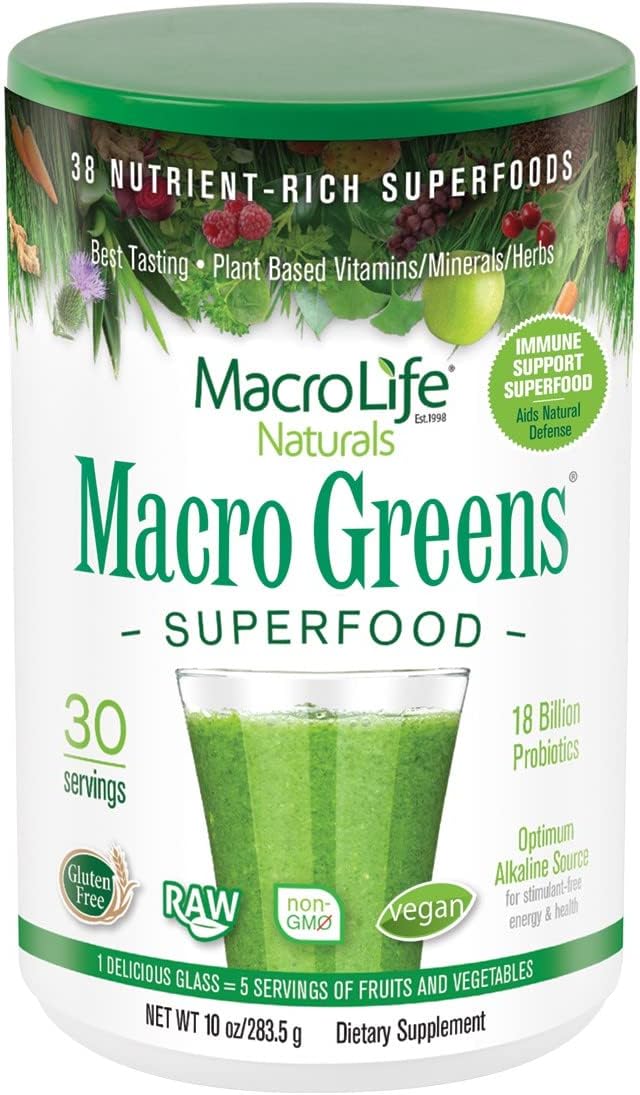 MacroLife Naturals Macro Greens Powder 38 Superfood Probiotic Antioxidant Enzyme & Herbal Supplement Immunity Energy Cleanse - Non-GMO Vegan Gluten-Free Dairy-Free - 10oz (30 Servings)