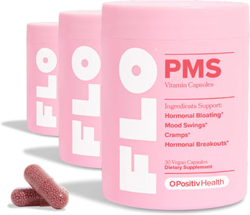 Flo Pms Vitamins For Women, 30 Servings (Pack Of 3) - Proactive Pms Relief - Targets Hormonal Breakouts, Bloating, Cramps, & Mood Swings With Chasteberry, Vitamin B6, & Lemon Balm
