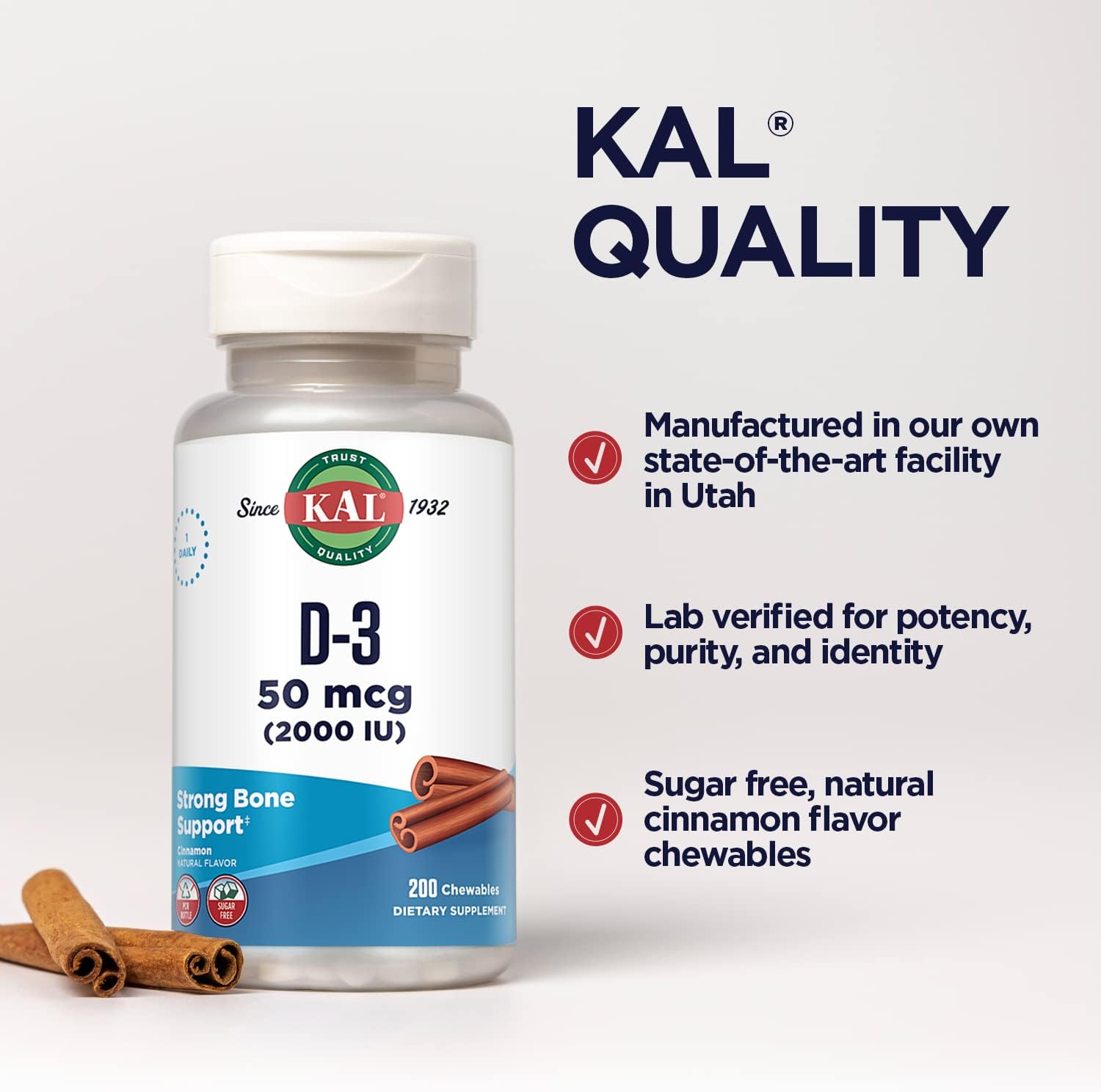 KAL Vitamin D3 Chewables 50 mcg, Vitamin D 2000 IU as Cholecalciferol, Sugar Free, Natural Cinnamon Flavor D3 Vitamin, Immune Support & Bone Health, 200 Servings, 200 Chewables : Health & Household