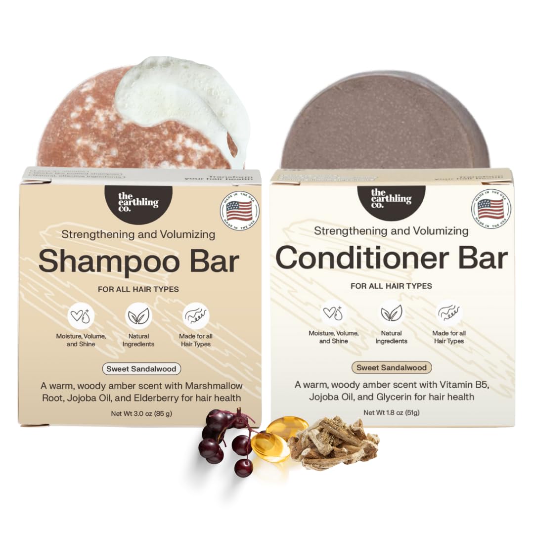 The Earthling Co. Shampoo & Conditioner Bar Set - Promote Growth, Strengthen & Volumize All Hair Types - Paraben & Sulfate Free Formula With Natural Ingredients For Dry Hair (Sweet Sandalwood)