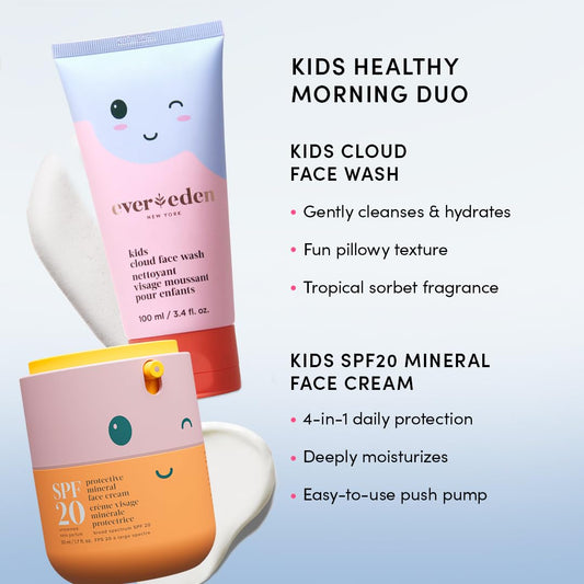 Kids Happy Morning Duo: Clean & Vegan Skin Care For Kids Bundle | Kids Skin Care Cloud Face Wash + Spf 20 Mineral Face Cream | Non-Toxic | Non-Comedogenic | Fun | Easy-To-Use Skincare For Kids