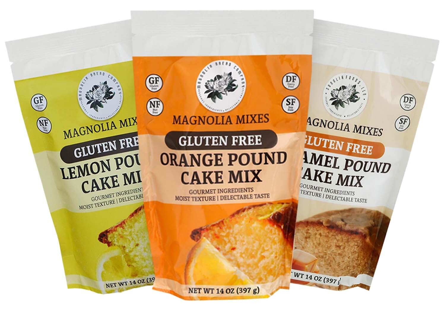 Magnolia Mixes Gluten-Free Pound Cake Variety Pack - Lemon, Orange, and Caramel Flavors - Easy 3-Step Baking with Premium Ingredients - Moist & Delicious - 14oz Each (3-Pack)