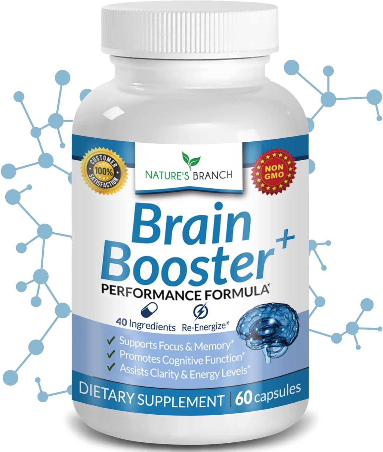 40-in-1 Brain Booster Supplement For Focus, Memory, Clarity, Energy | Advanced Vitamins Plus eBook | For Men & Women, Cognitive Function Nootropic Support with DMAE, Brain Health Formula | 60 Capsules