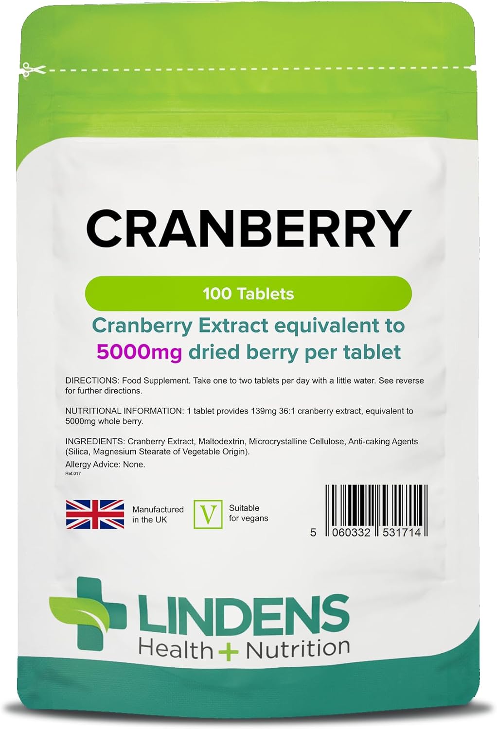 Lindens - Cranberry Juice 5000Mg - 100 Tablets - Uk Made - Rich In Polyphenols And Antioxidants - Urinary Health Support, Popular With Women - Letterbox Friendly