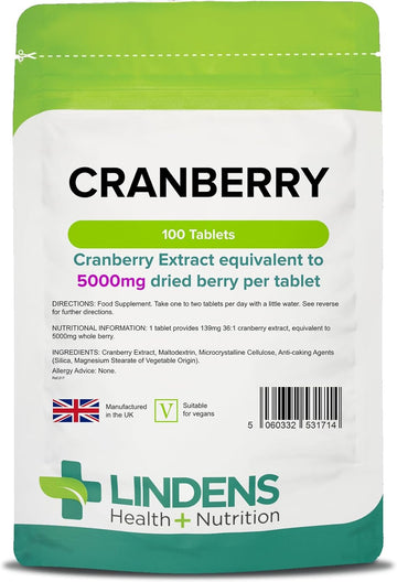 Lindens - Cranberry Juice 5000Mg - 100 Tablets - Uk Made - Rich In Polyphenols And Antioxidants - Urinary Health Support, Popular With Women - Letterbox Friendly