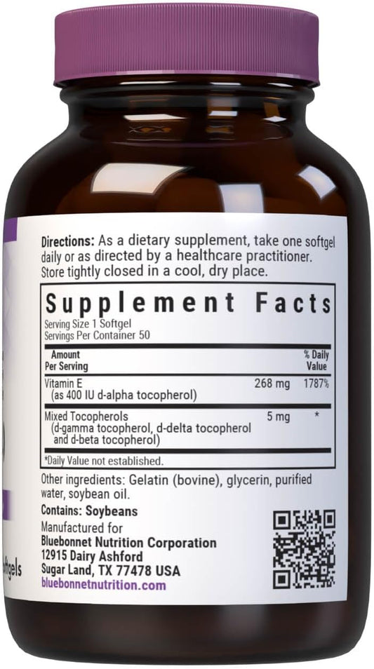 Bluebonnet Nutrition Vitamin E 400 Iu (268 Mg) Mixed Tocopherols Softgels, Free Radical Portection & Cardiovascular Support, Gluten-Free, Dairy-Free, 50 Softgels, 50 Servings