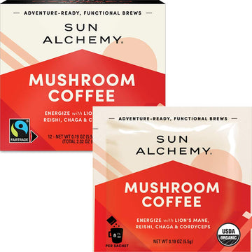Sun Alchemy Mushroom Coffee, Energize with Organic Fair-Trade Coffee, Lion’s Mane, Reishi, Chaga & Cordyceps Mushrooms - 12 Sachets