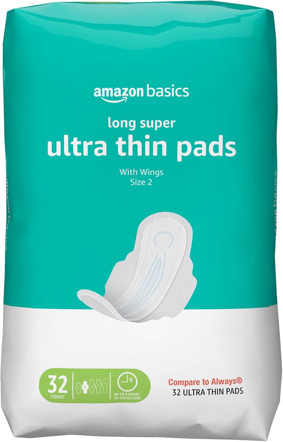 Amazon Basics Menstrual Pads For Women With Flexi-Wings, Long Length, Size 2, Super Absorbency, 32 Count (Pack Of 1)