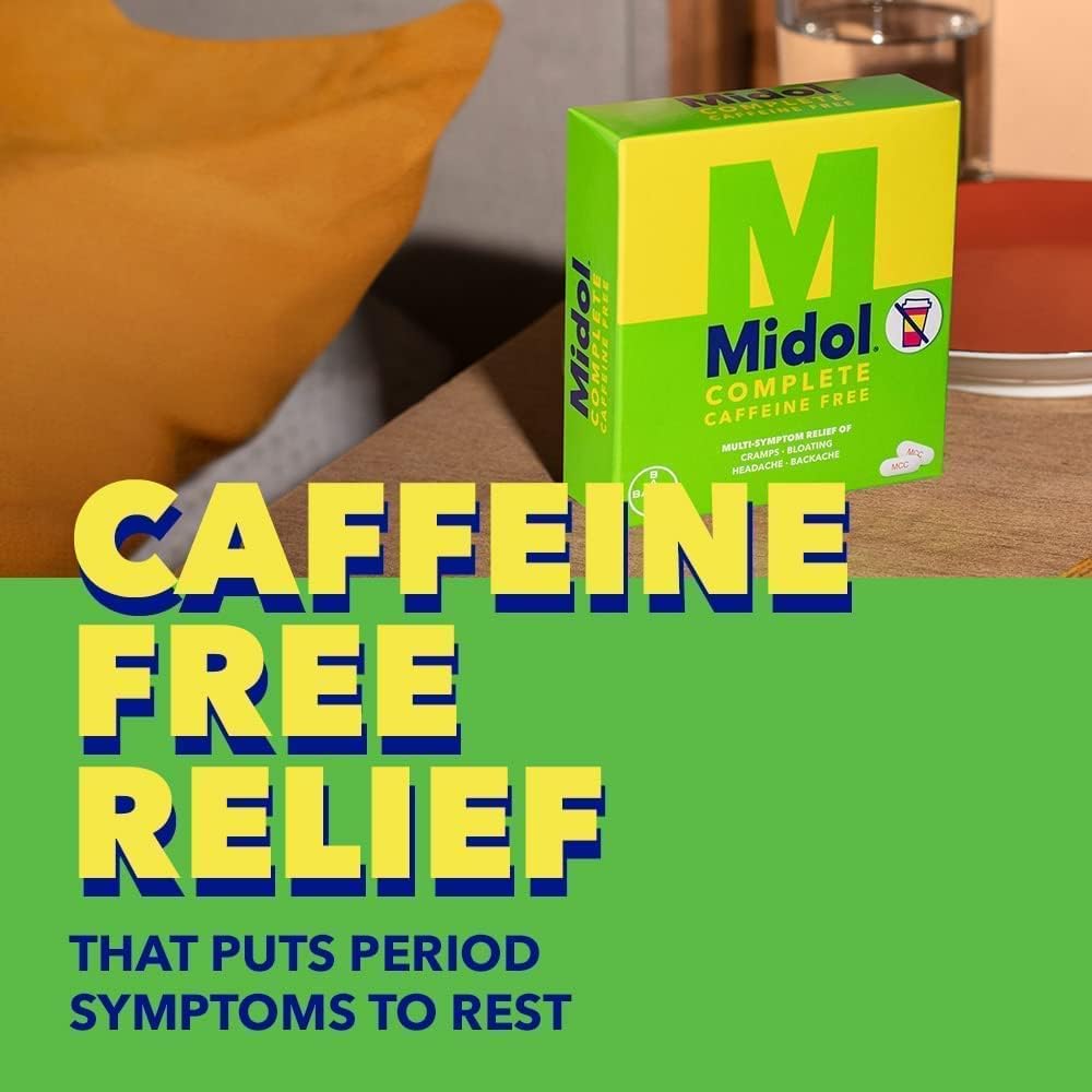 Midol Complete Caffeine Free Caplets 24ct: Midol Complete Caffeine Free Menstrual Pain Relief Caplets with Acetaminophen, Provides Headache Relief and Period Cramps Relief, 24 Count : Health & Household