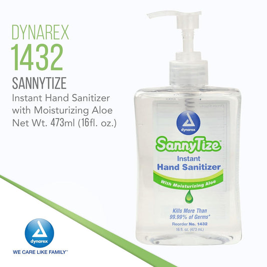 Dynarex Sannytize Hand Sanitizer Gel – 16 Oz. Square Bottle W/Pump, Infused With Aloe Vera & Eliminates 99% Of Common Germs, Clear, 1 Box Of 12 Sannytize Hand Sanitizer 16 Oz. Square Bottles W/Pump