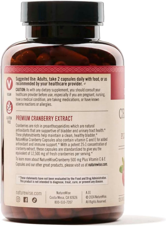 Naturewise Cranberry Extract Pills - 12,500mg* Cranberries with Vitamin C & Vitamin E - Urinary Tract Health, Bladder Health, Immune Support - Vegan, Non-GMO, Sugar-Free - 120 Capsules[2-Month Supply]