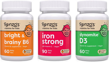 Renzo's Vitamins Mighty Kid Bundle - Iron Supplements for Kids, Vitamin D3 for Kids, and Bright & Brainy Vitamin B6