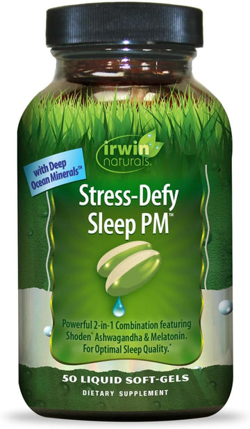 Irwin Naturals Stress-Defy Sleep Pm - 50 Liquid Soft-Gels - Powerful 2-In-1 Combination With Ashwagandha & Melatonin - 25 Servings