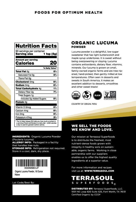 Terrasoul Superfoods Organic Lucuma Powder, 16 Oz - Sugar Substitute