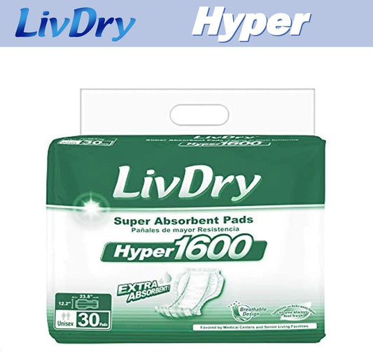 Livdry High Absorbency Pad Insert For Incontinence Briefs And Adult Diapers, Women And Men, Hyper 1600 (30 Count)