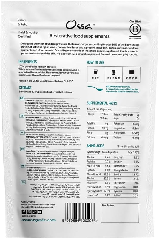 Ossa Certified Grass Fed Collagen Peptides Powder 400G – All Natural Protein & Collagen Supplement With Essential Amino Acids – Keto & Paleo Friendly – Supports Hair, Skin, Joints & Muscles