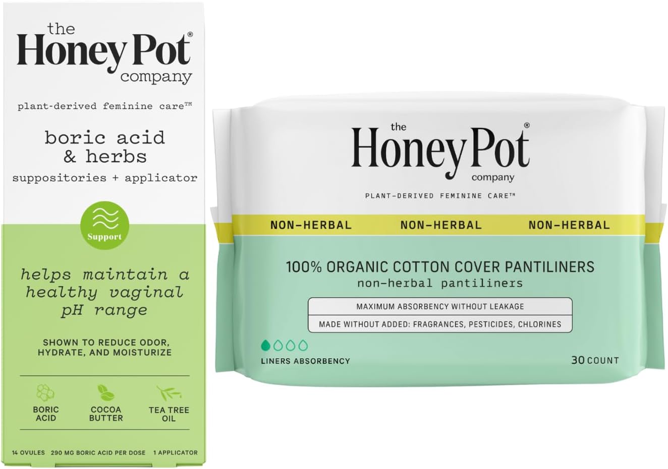 The Honey Pot Company - Suppositories & Non-Herbal Liners Bundle - Maintains & Balances Healthy Vaginal Ph - Organic Cotton Cover - Sanitary Pads For Women - Feminine Care - Fsa & Hsa Eligible