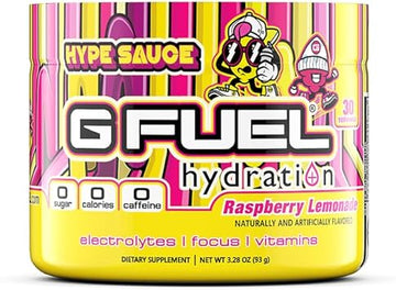 G Fuel Hype Sauce Electrolytes Powder, Water Mix For Hydration, Energy And Focus, Sugar Free, Zero Caffeine Supplement With Essential Minerals, Raspberry + Lemonade Flavor - 3.3 Oz (30 Servings)