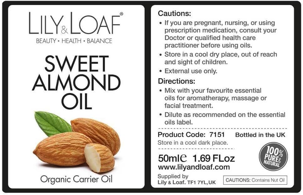 Lily & Loaf Sweet Almond Organic Carrier Oil | 100% Pure & Natural | 50Ml