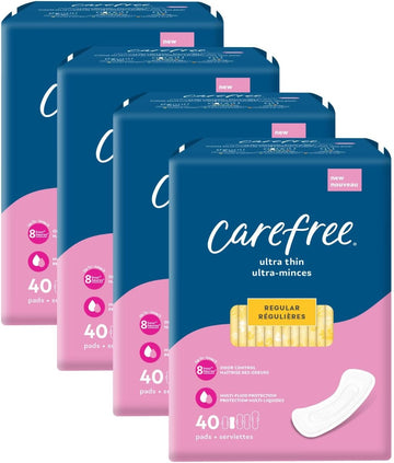 Carefree Ultra Thin Pads For Women, Regular Pads Without Wings, 160Ct (4 Packs Of 40Ct) | Carefree Pads, Feminine Care, Period Pads & Postpartum Pads | 160Ct (4 Packs Of 40Ct)