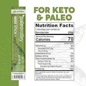 Paleovalley 100% Grass Fed Jalapeno Beef Sticks - Delicious Gluten Free Beef Snack - High Protein Keto Friendly
