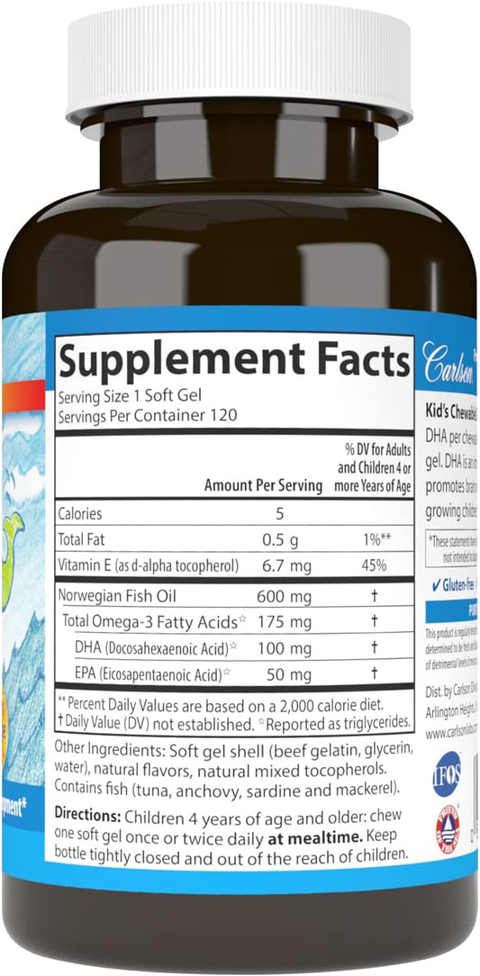 Carlson - Kid'S Chewable Dha, 100 Mg Dha, Brain Health, Vision Function, Growth & Development, Orange, 180 Chewable Softgels