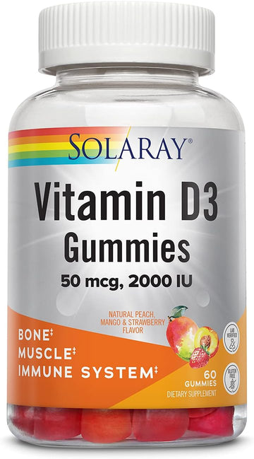 Solaray Vitamin D3 Gummies 50 Mcg, 2000 Iu | Healthy Bone, Muscle & Immune System Support | Gluten Free | 30 Serv, 60 Ct