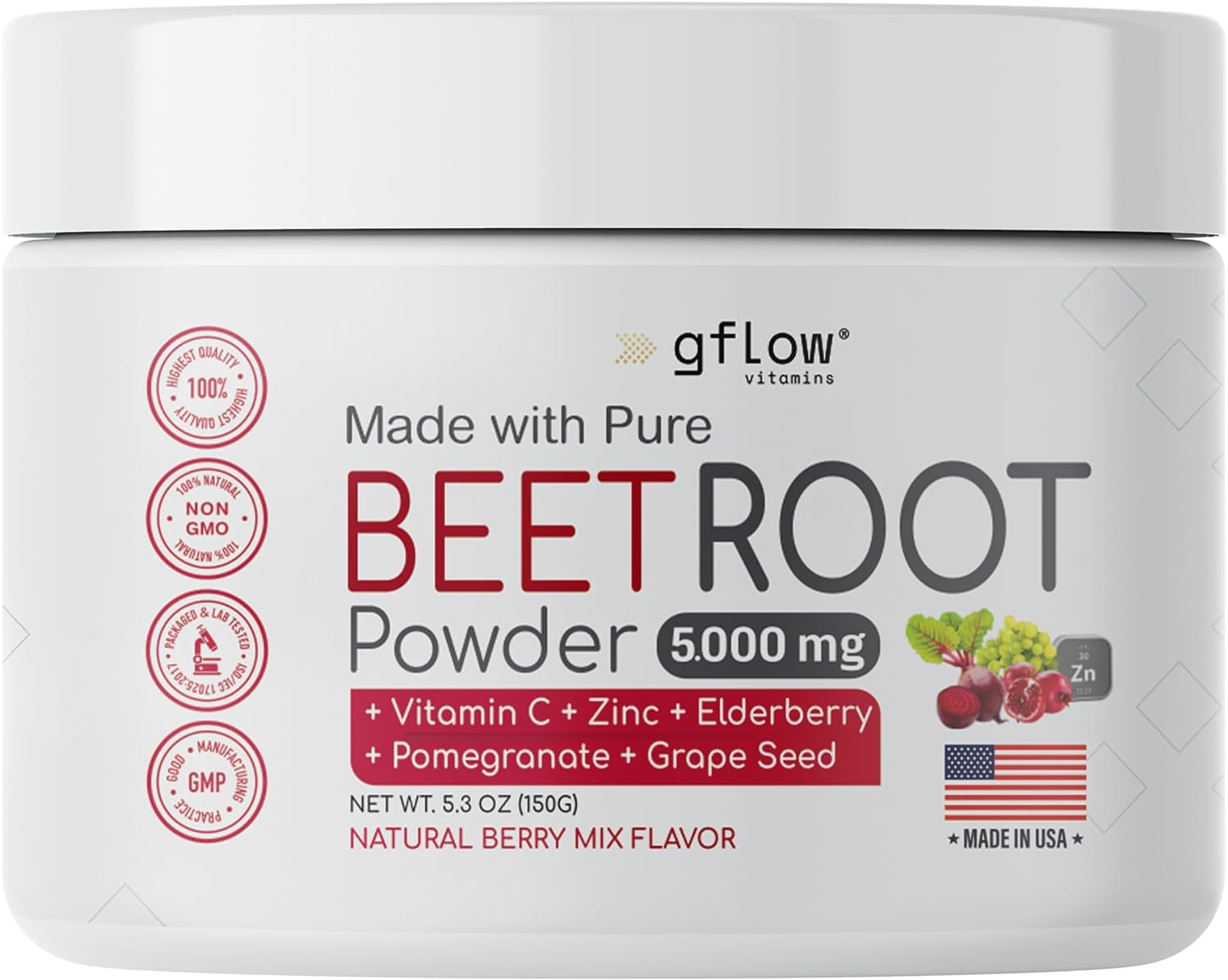 Gflow Vitamins Beet Root Powder - Nitric Oxide Boost And Heart Health - Non-Gmo Superfood Supplement - Natural Berry Mix Flavor, 30 Servings