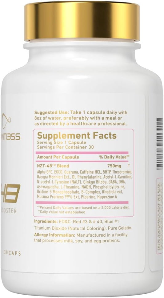 Nzt-48 Premium Brain Booster For Her - Female Brain Booster - Brain Supplement For Memory + Focus + Natural Energy - Caffeinated, Acetvi-L-Carnitine, Vitamins B6 B12, 30 Servings