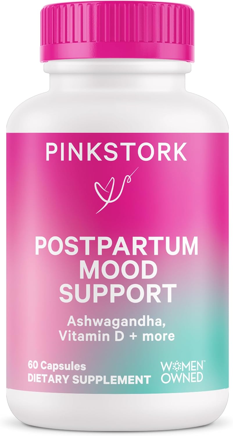 Pink Stork Postpartum Mood Support - Postnatal Hormone Balance For Women, Stress & Cognitive Support, New Mom Essentials - Ashwagandha, Chamomile, & Vitamin D, Breastfeeding Friendly, 60 Capsules