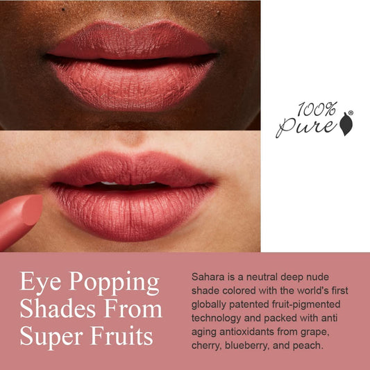 100% Pure Cocoa Butter Matte Lipstick Full Stay All Day Coverage, Lasting Moisturizing & Softening Natural Lip Color For All Skin Tones, Vegan Fruit Pigmented Sahara (Deep Neutral Nude) - 0.15 Oz