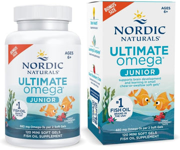 Nordic Naturals Ultimate Omega Jr., Strawberry - 120 Mini Soft Gels - 680 Total Omega-3s with EPA & DHA - Brain Health, Mood, Learning - Non-GMO - 60 Servings