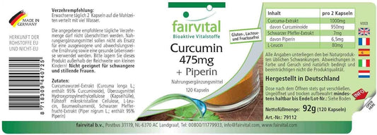 Fairvital | Curcumin with piperine - 120 capsules - VEGAN - curcuma extract 500mg with 95% curcuminoids