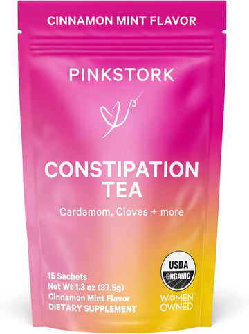 Pink Stork Organic Constipation Tea - Natural & Gentle Support For Digestion, Gas, And Constipation - Prenatal Essentials - Pregnancy And Postpartum Must Haves - 15 Sachets Cinamon Mint Laxative Tea