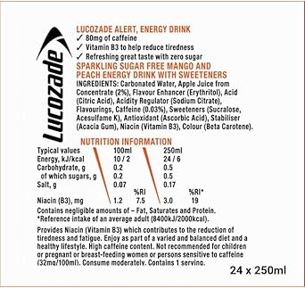 Lucozade Alert Energy Drink Zero Sugar Mango Peachade 250Ml (Pack Of 24)