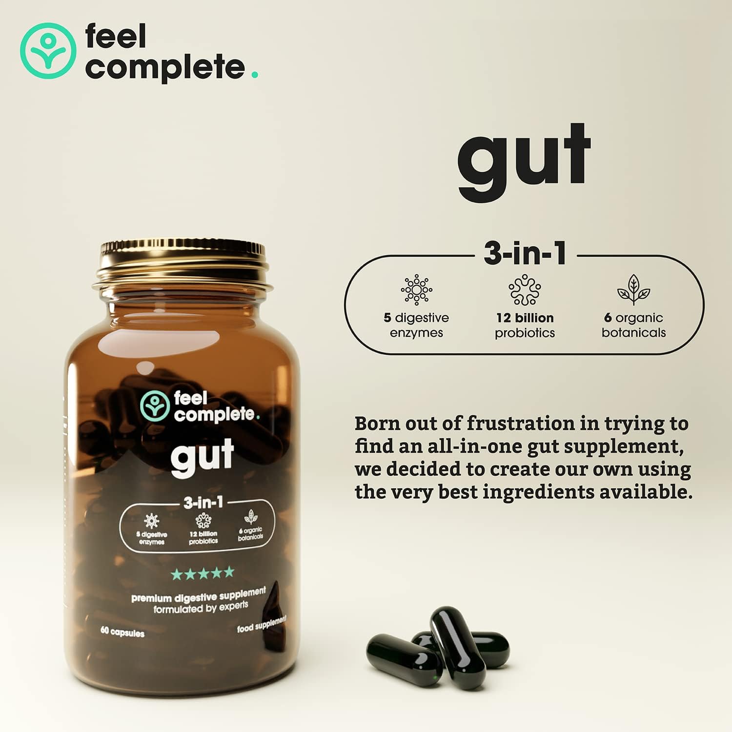 Feel Complete | Gut 3-in-1 | Premium Digestive Supplement | Probiotics & Digestive Enzymes & Prebiotics | Gut Health | Vegan | Made in The UK | 60 Capsules : Amazon.co.uk: Health & Personal Care