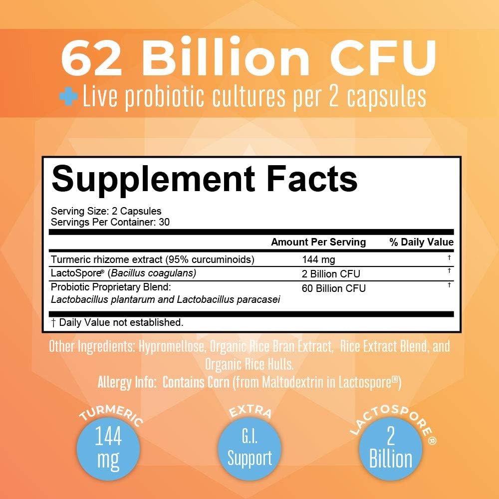 MaryRuth Organics Probiotic Turmeric + Extra GI Support | 62 Billion CFU | Organic Ingredients Turmeric Complex with Probiotics | Turmeric Curcumin Capsules for Digestion | Vegan | 60 Count : Health & Household