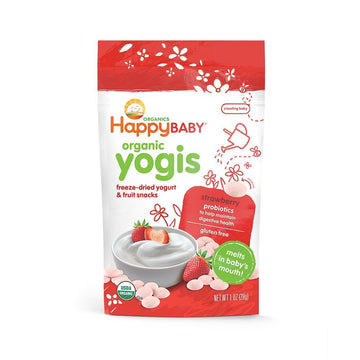 Happy Baby Organics Baby Snacks, Yogis, Freeze Dried Yogurt & Fruit Snacks, Gluten Free Snack For Babies 9+ Months, Strawberry, 1 Ounce (Pack Of 8)