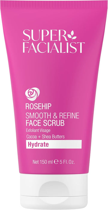 Super Facialist Rosehip Hydrate, Brighten & Refine Face Scrub - Delicate Cleanser & Exfoliator With Shea Butter & Cucumber Oil For Sensitive Skin, Gentle Face Care, Vegan Friendly, 150Ml