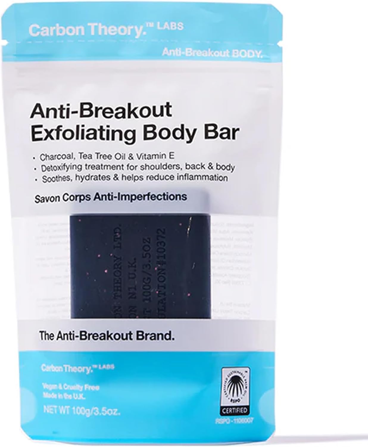 Carbon Theory Body Scrub Exfoliator Bar - Activated Charcoal Soap Bar, Tea Tree Body Wash Bar - Shea Butter, Charcoal And Tea Tree Soap Bar - Back & Body Spot Treatment, 100G