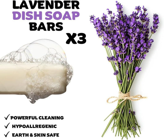 Lavender Hypoallergenic Dish Soap Bar - Organic - Pack of 3, Skin-Safe, Non-Toxic, Sustainable Kitchen Soap - Zero Waste