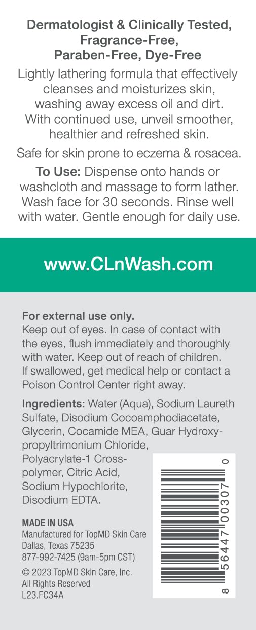 Cln® Facial Cleanser - Hydrating Facial Cleanser With Glycerin, For Skin Prone To Dryness, Eczema, Redness, Irritation & Acne Sensitivity, Fragrance-Free & Paraben-Free, 3.4 Fl. Oz