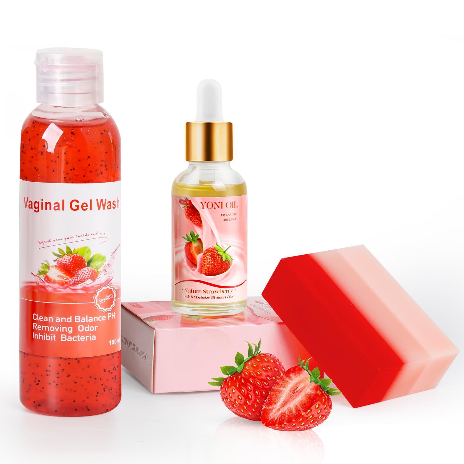 Feminine Wash & Yoni Oil & Yoni Soap Set For Women, Yoni Wash For Vaginal Ph Balance Remove Odor Moisturizing, 1 Fl.Oz Feminine Oil & 5.07 Fl.Oz Vaginal Wash 5.29Oz Yoni Soap Bar, Strawberry Scent