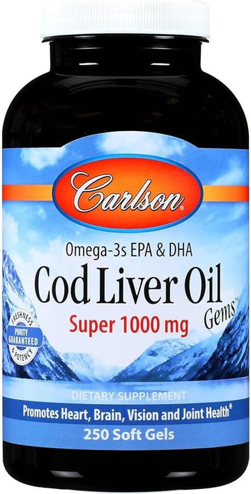 Carlson - Cod Liver Oil Gems, Super 1000 Mg, 250 Mg Omega-3S, 400 Iu (10 Mcg) Vitamin D3, Wild Caught Norwegian Arctic Cod Liver Oil, Nordic Fish Oil Capsules, 250 Softgels