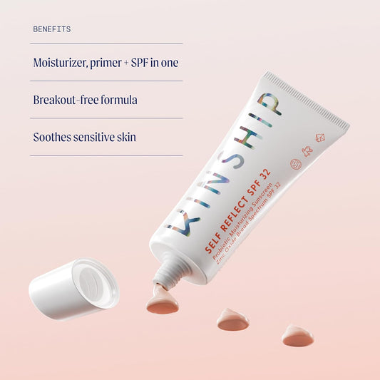 Kinship Gift Bundle - Self Reflect Spf, Supermello Moisturizer, Brightwave Vitamin C Eye Cream + Cosmetic Bag - 100% Mineral Sunscreen, Gel Cream + Hyaluronic Acid, Reduce Fine Lines + Under Eye Bags